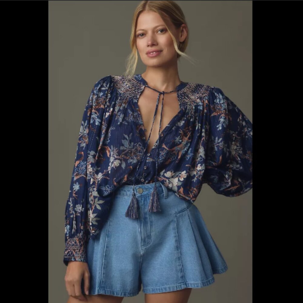 Brand New By Anthropologie Long-Sleeve Smocked Jacquard Top Blouse